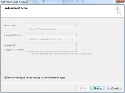 step 3 check manually configure server settings or additional server types checkbox and click next